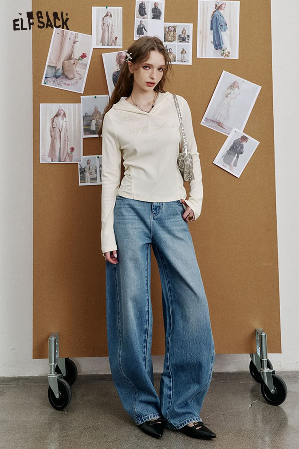 ELFSACK Versatile Washed High Waist Wide Leg Jeans Women Cotton Sickle Pants