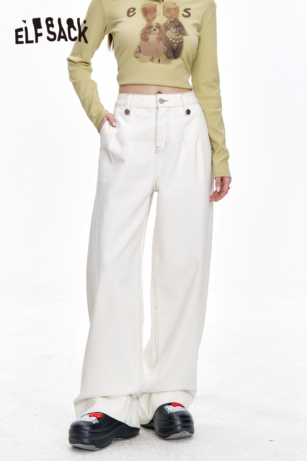 ELFSACK Versatile White Loose Straight Jeans Women Casual Commuting Wide Leg Pants