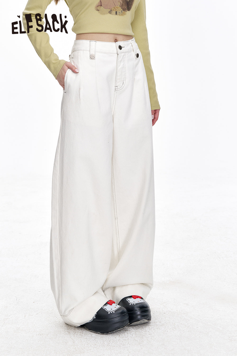 ELFSACK Versatile White Loose Straight Jeans Women Casual Commuting Wide Leg Pants