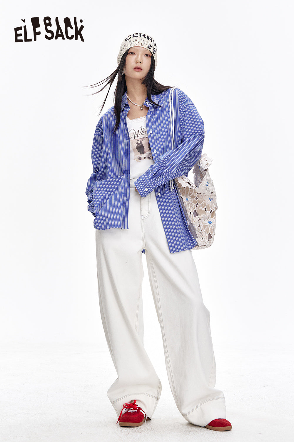 ELFSACK Versatile White Loose Straight Jeans Women Casual Commuting Wide Leg Pants