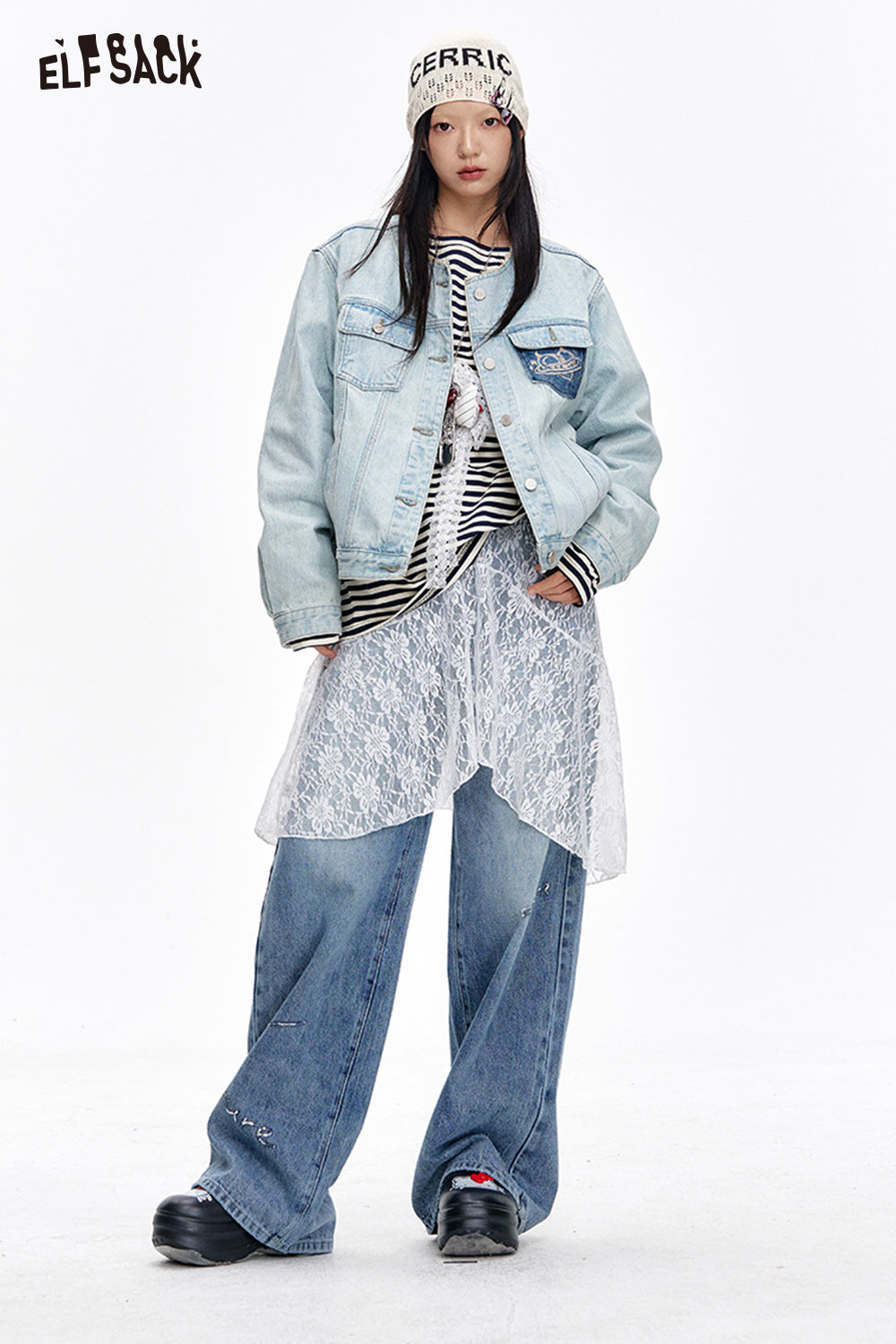 ELFSACK Original sequin embroidery straight loose jeans versatile wide-leg pants