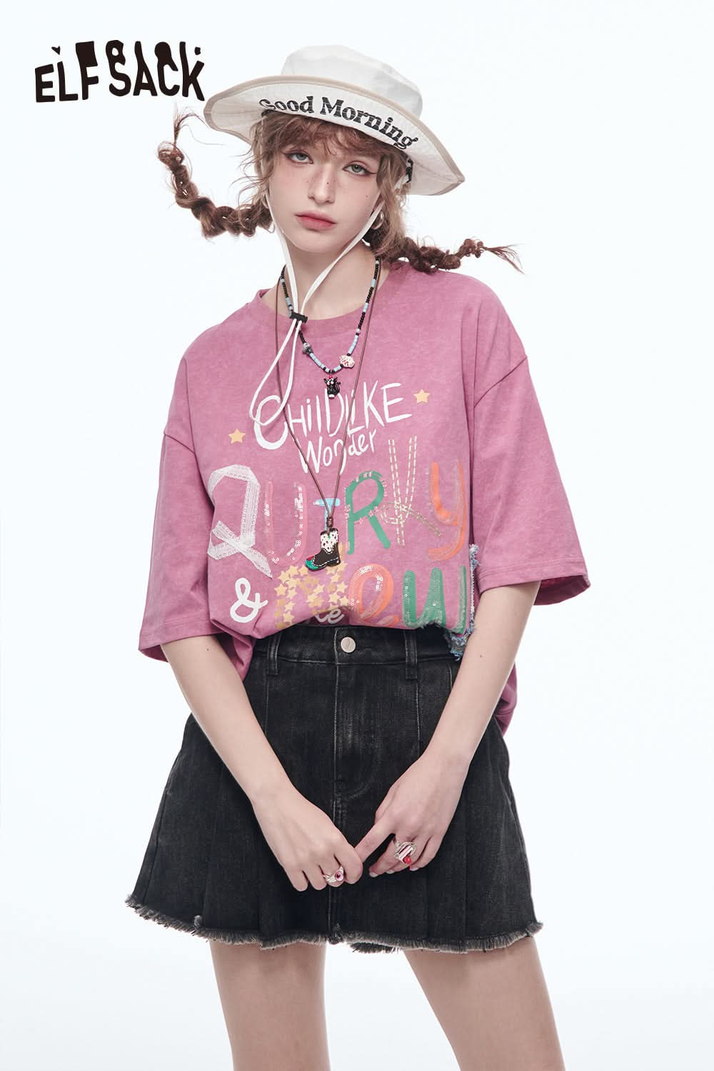 ELFSACK High Waisted A-Line Pleated Denim Skirt Preppy Style Solid Pantskirt