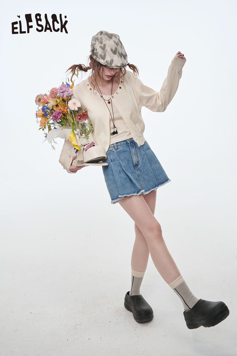 ELFSACK High Waisted A-Line Pleated Denim Skirt Preppy Style Solid Pantskirt