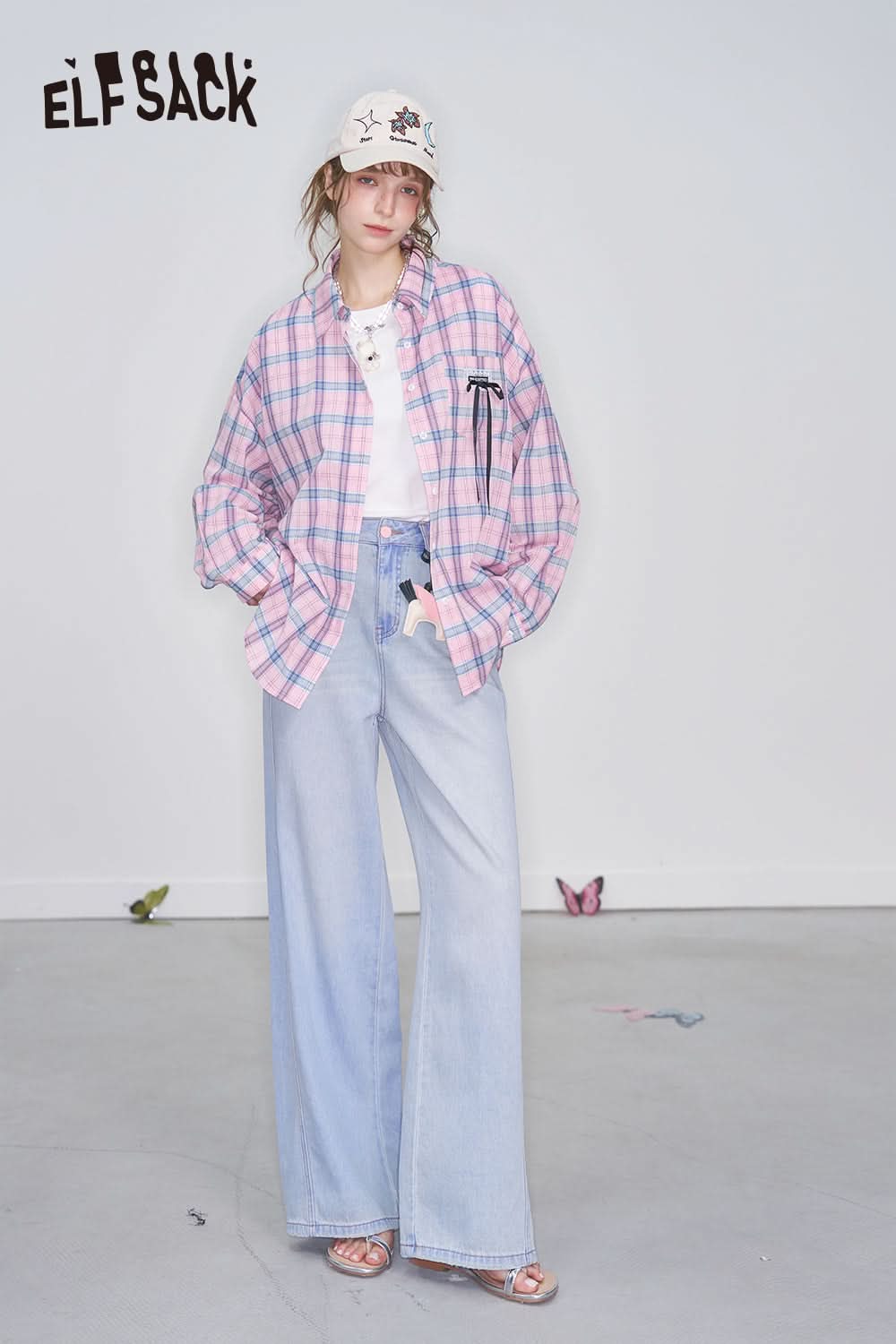 ELFSACK Light Blue Rose Embroidery Loose Straight Jeans Women Casual Oversize Wide Leg Pants