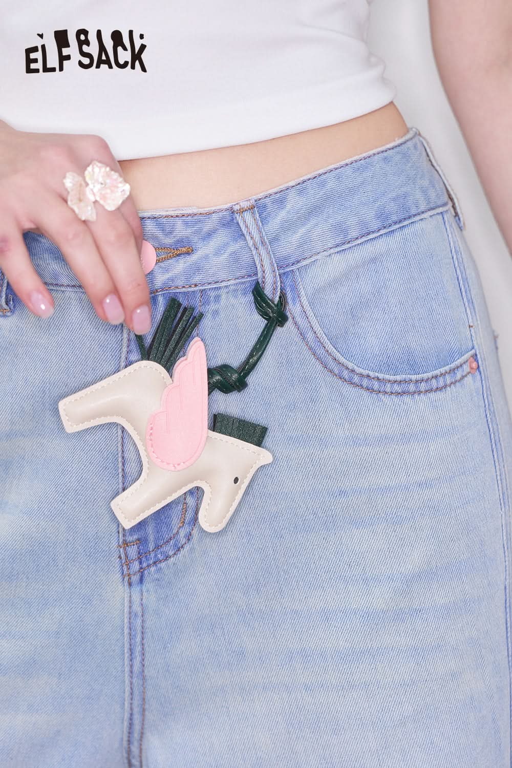 ELFSACK Light Blue Rose Embroidery Loose Straight Jeans Women Casual Oversize Wide Leg Pants