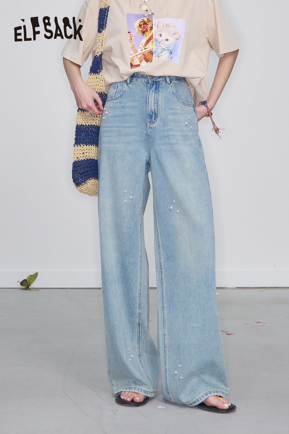 ELFSACK Y2K Pearl Diamond Light Blue Jeans Women Loose Straight Pants