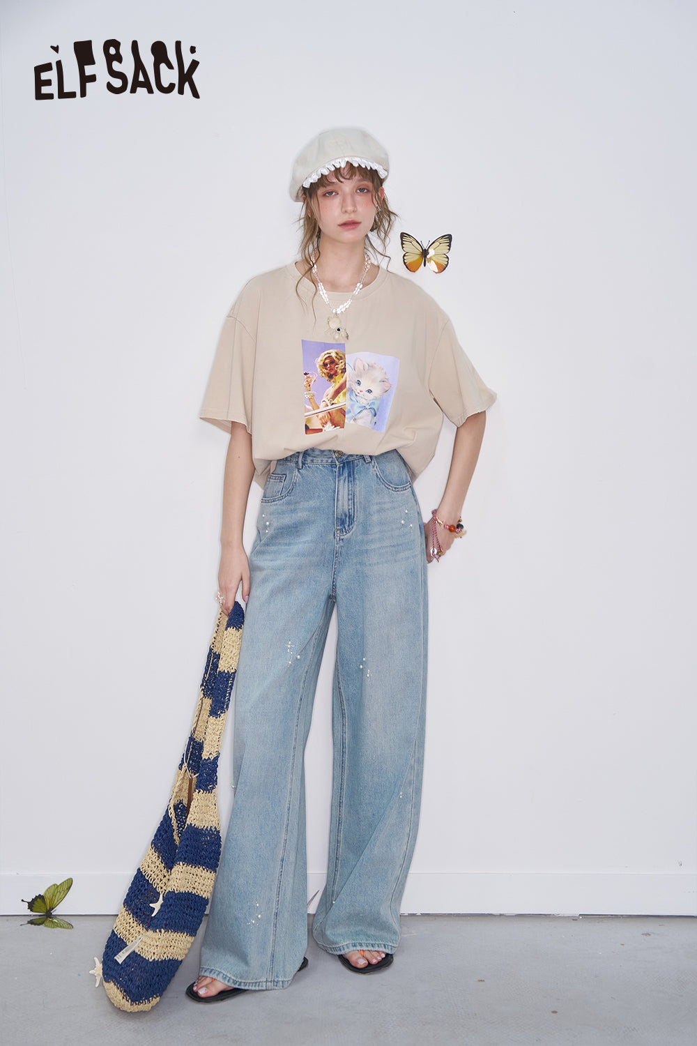 ELFSACK Y2K Pearl Diamond Light Blue Jeans Women Loose Straight Pants