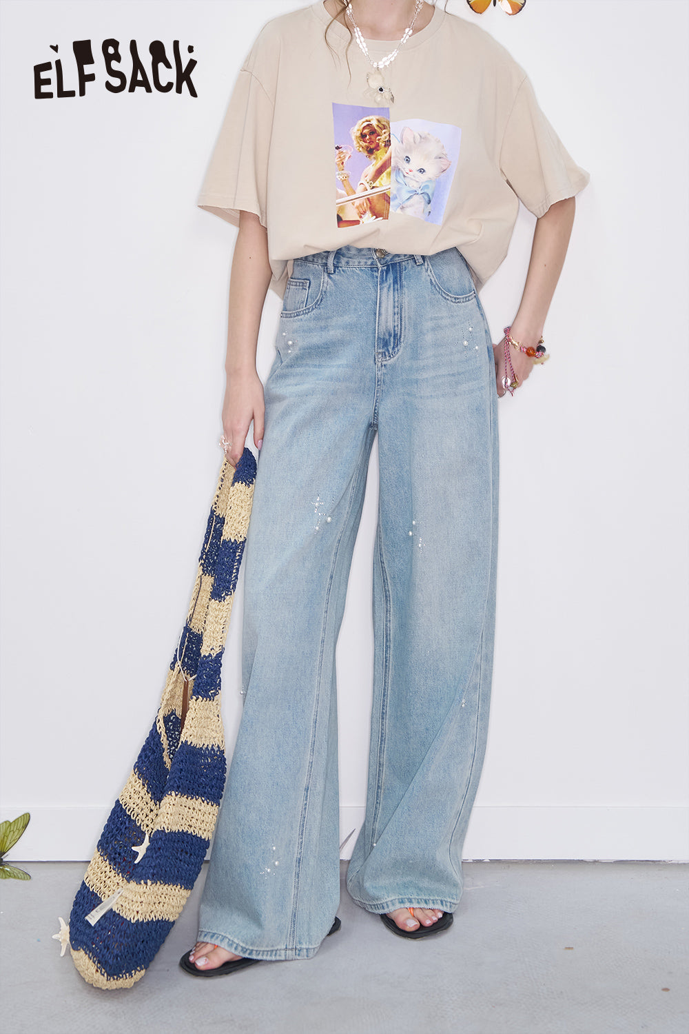 ELFSACK Y2K Pearl Diamond Light Blue Jeans Women Loose Straight Pants