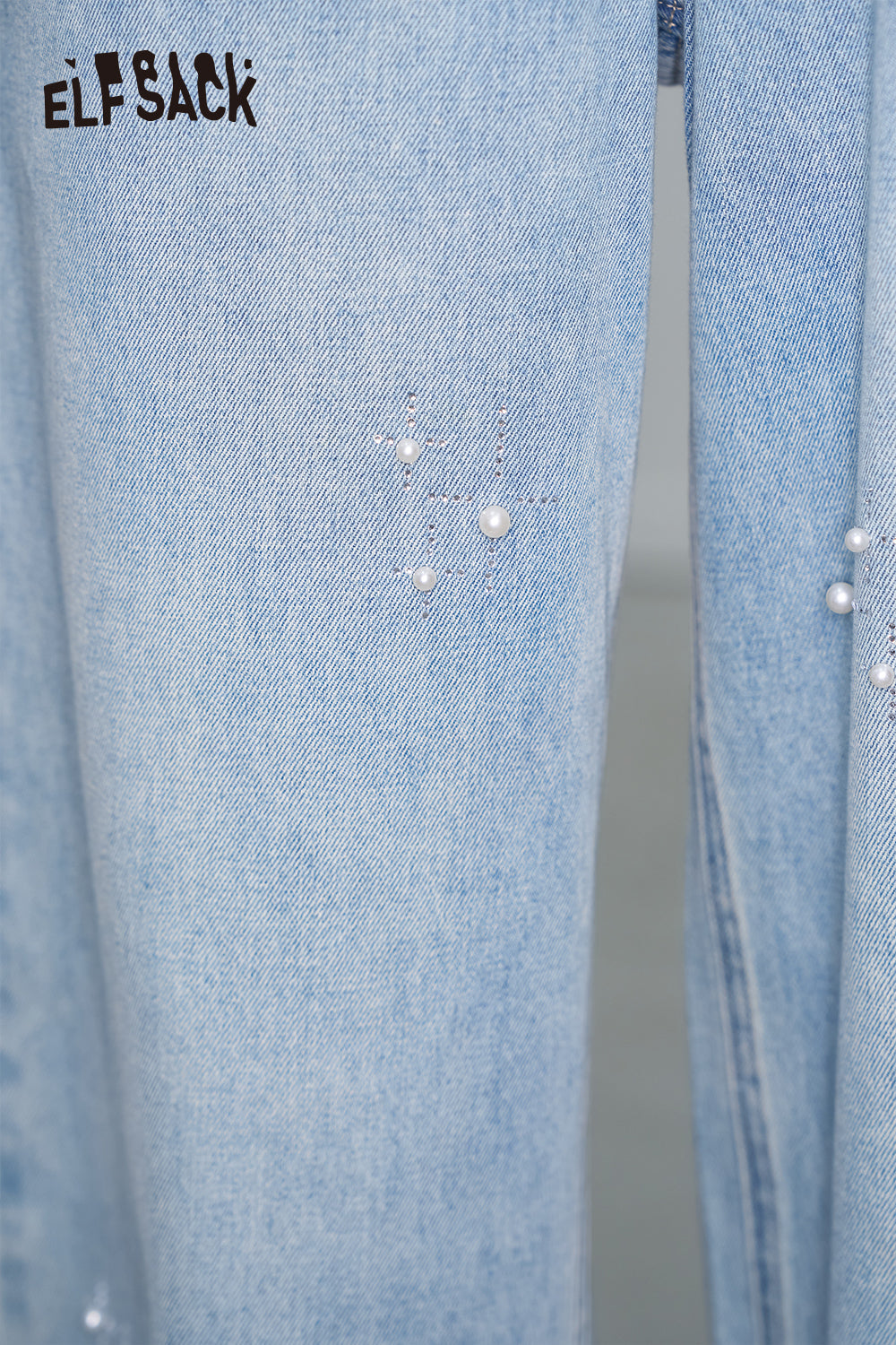 ELFSACK Y2K Pearl Diamond Light Blue Jeans Women Loose Straight Pants
