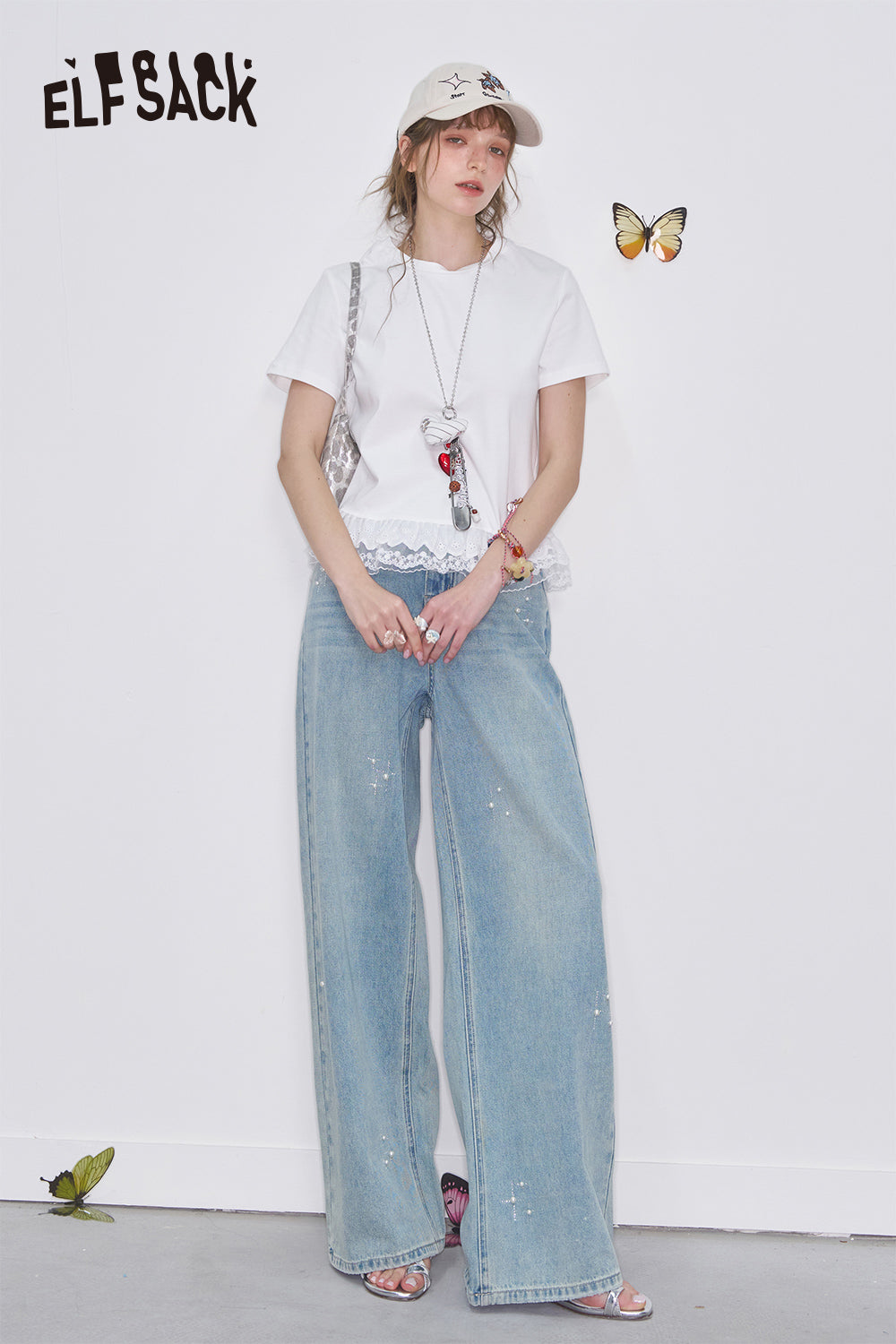 ELFSACK Y2K Pearl Diamond Light Blue Jeans Women Loose Straight Pants