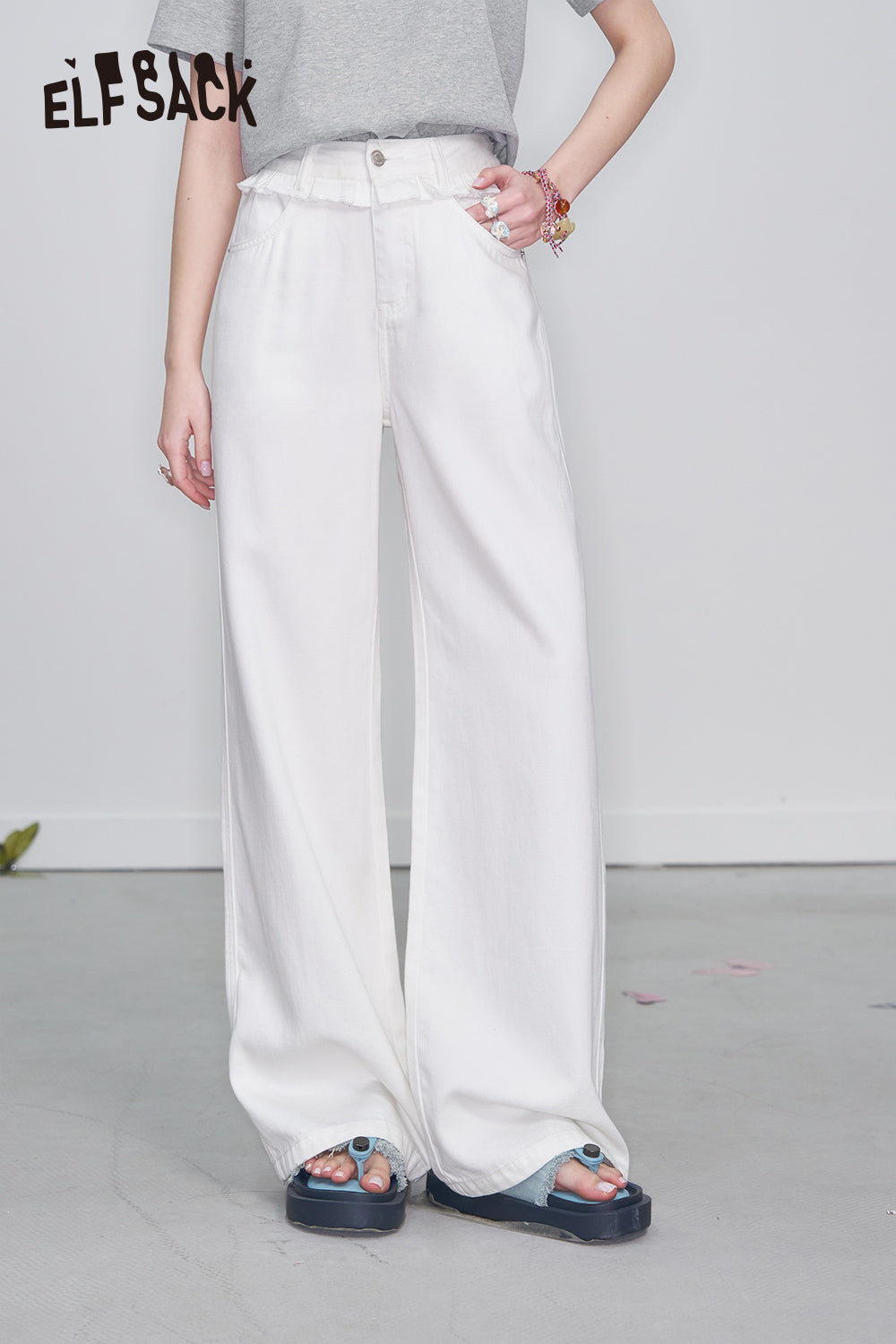 ELFSACK Y2K Ruffled Patchwork White Straight Jeans Women's Versatile Wide Leg Pants