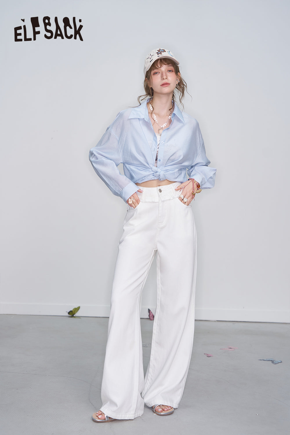 ELFSACK Y2K Ruffled Patchwork White Straight Jeans Women's Versatile Wide Leg Pants