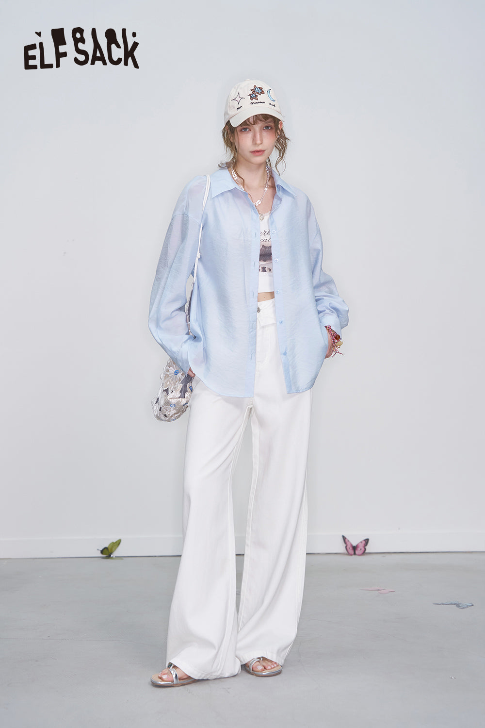 ELFSACK Y2K Ruffled Patchwork White Straight Jeans Women's Versatile Wide Leg Pants