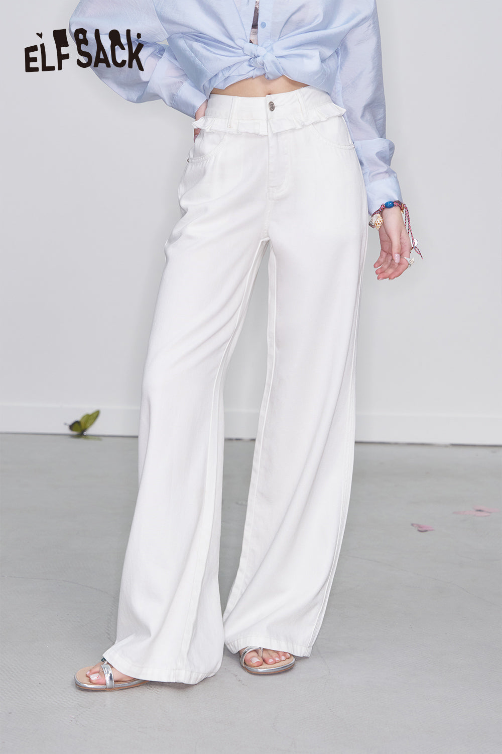 ELFSACK Y2K Ruffled Patchwork White Straight Jeans Women's Versatile Wide Leg Pants