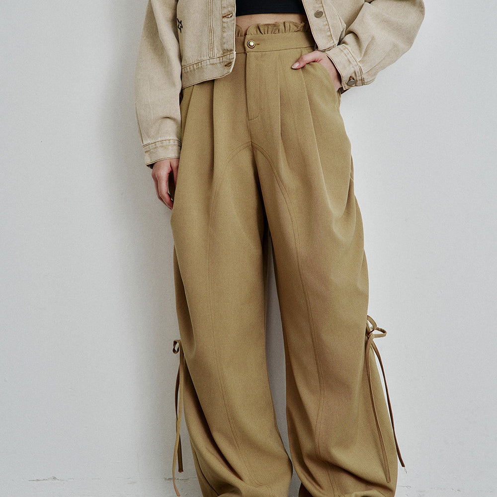 ELFSACK 2025 Spring New Arrivals Vintage Khaki Drawstring Casual Wide Leg Pants Women Loose Straight Lady Pants