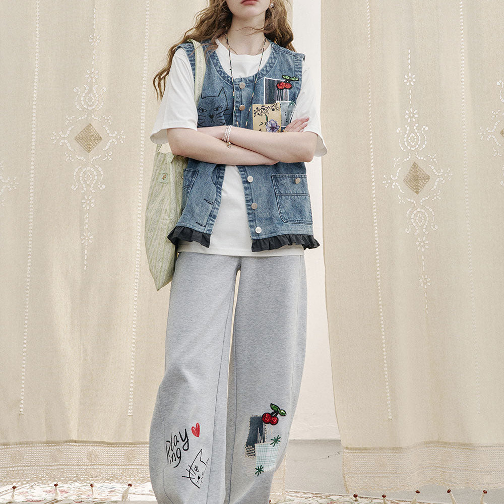 ELFSACK 2025 Spring New Arrivals Casual Grey Kitten Embroidery Wide Leg Pants for Women