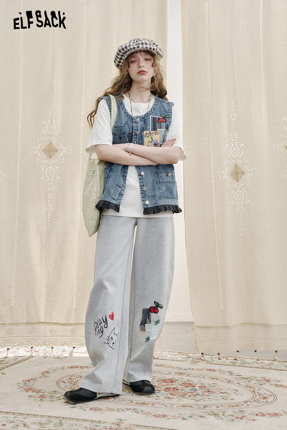 ELFSACK 2025 Spring New Arrivals Casual Grey Kitten Embroidery Wide Leg Pants for Women