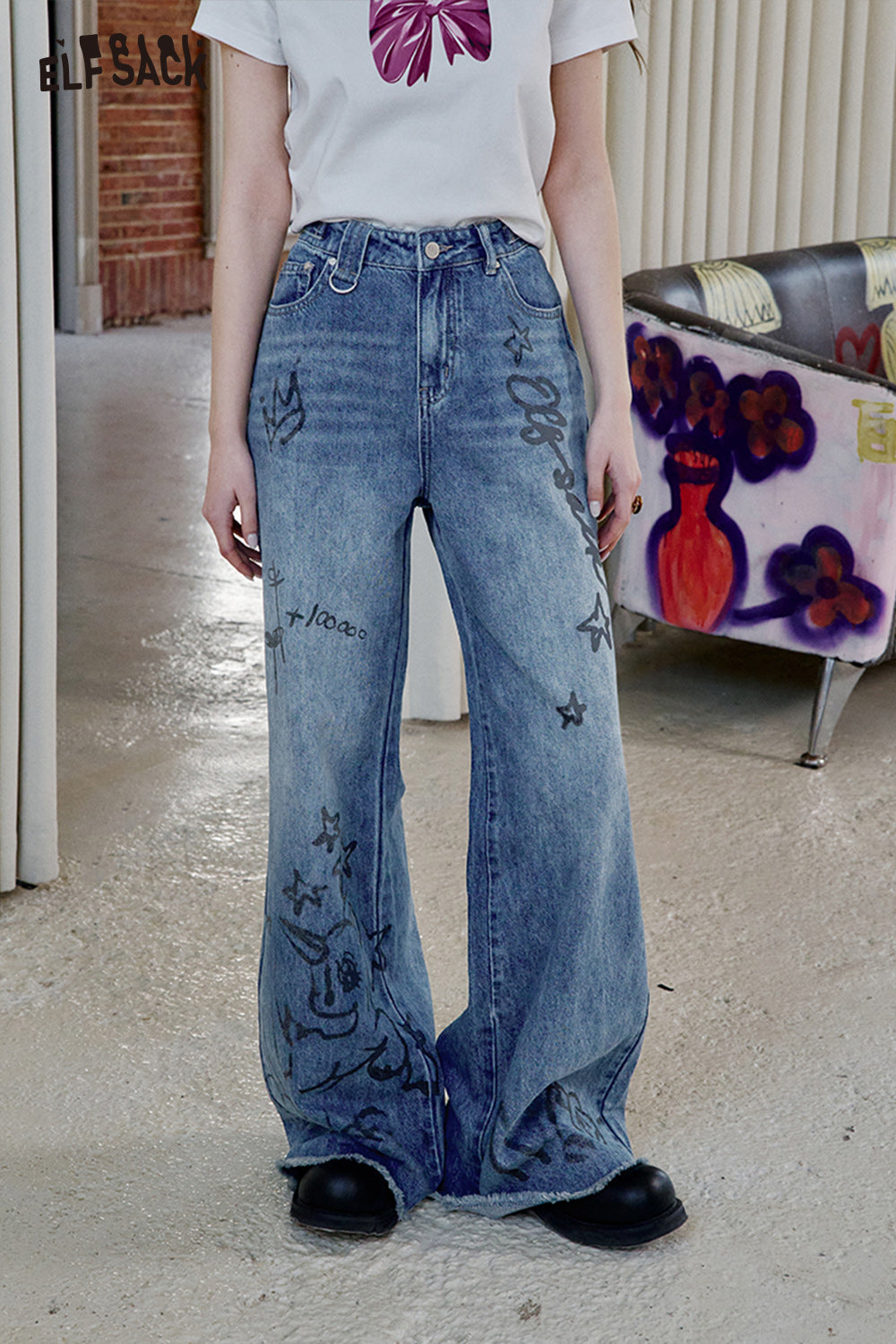 ELFSACK Y2K Printed Loose Jeans Sweet Cool Versatile Wide Leg Pants