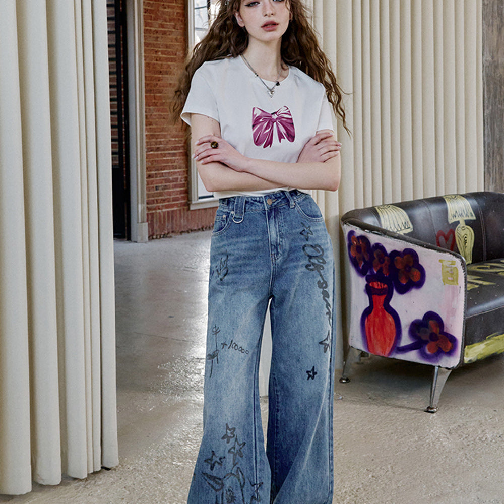 ELFSACK 2025 Spring New Arrivals Y2K Printed Loose Jeans for Women Sweet Cool Versatile Wide Leg Pants