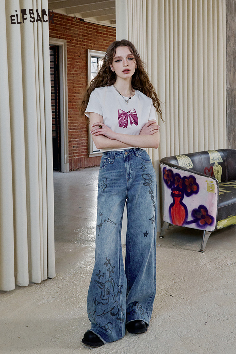 ELFSACK 2025 Spring New Arrivals Y2K Printed Loose Jeans for Women Sweet Cool Versatile Wide Leg Pants