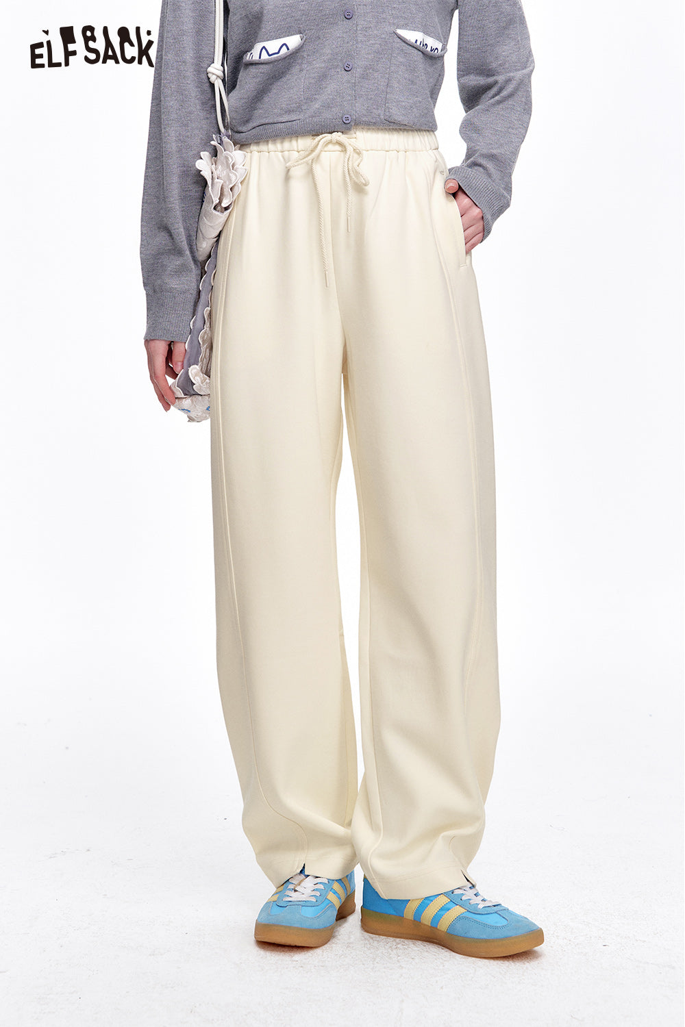 ELFSACK Loose Casual Solid Wide Leg Pants Drawstring Elastic Waist Sports Pants Women Sweatpants