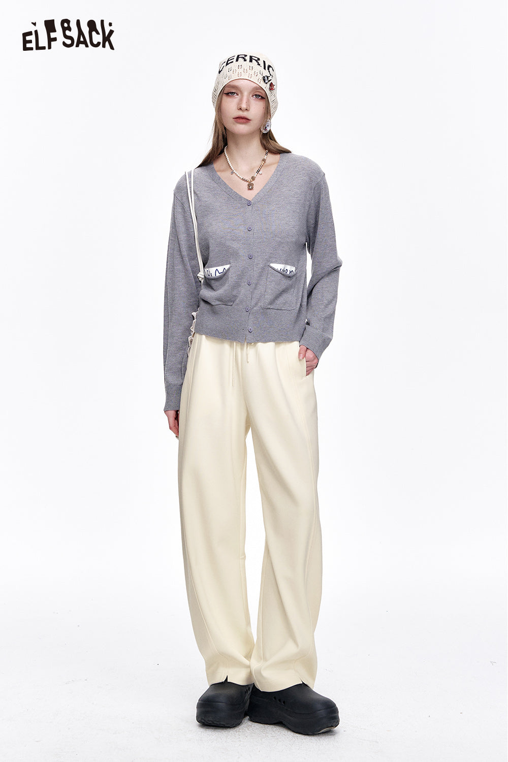 ELFSACK Loose Casual Solid Wide Leg Pants Drawstring Elastic Waist Sports Pants Women Sweatpants