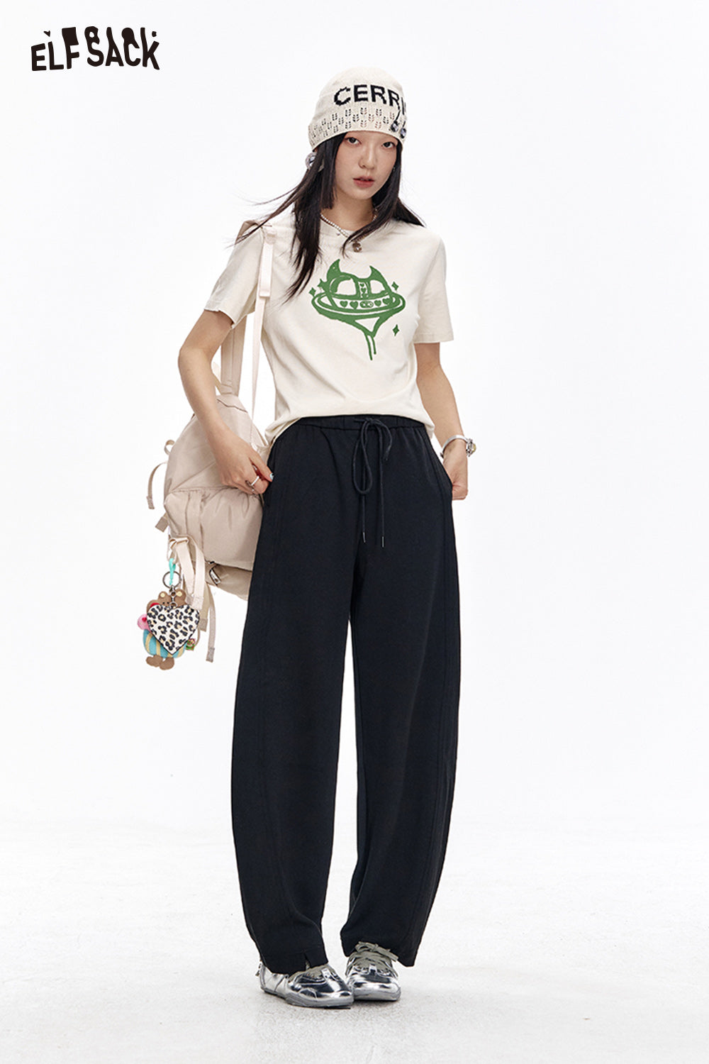 ELFSACK Loose Casual Solid Wide Leg Pants Drawstring Elastic Waist Sports Pants Women Sweatpants