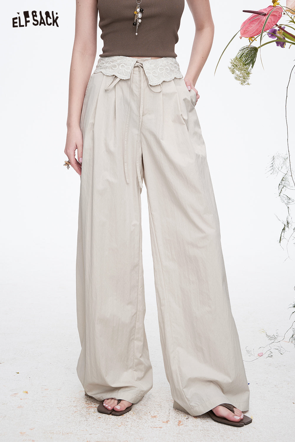 ELFSACK Bow Lace Stitching Pants Women Casual Sweet Lace-up White Wide Leg Pants