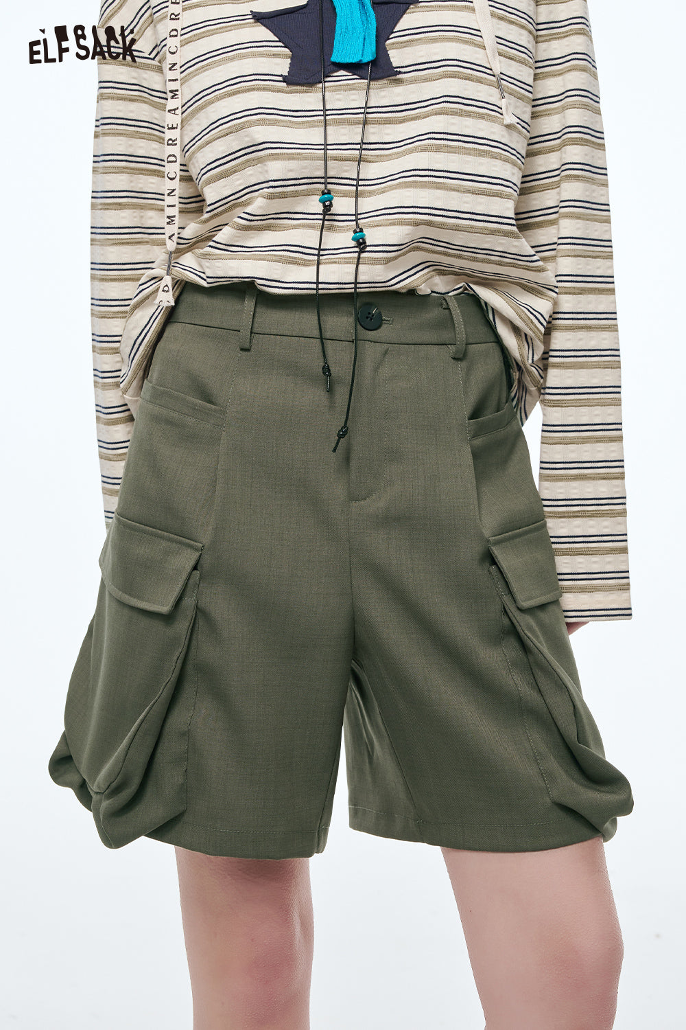 ELFSACK Vintage Cargo Shorts Women Loose Wide Leg Shorts Casual Streetwear
