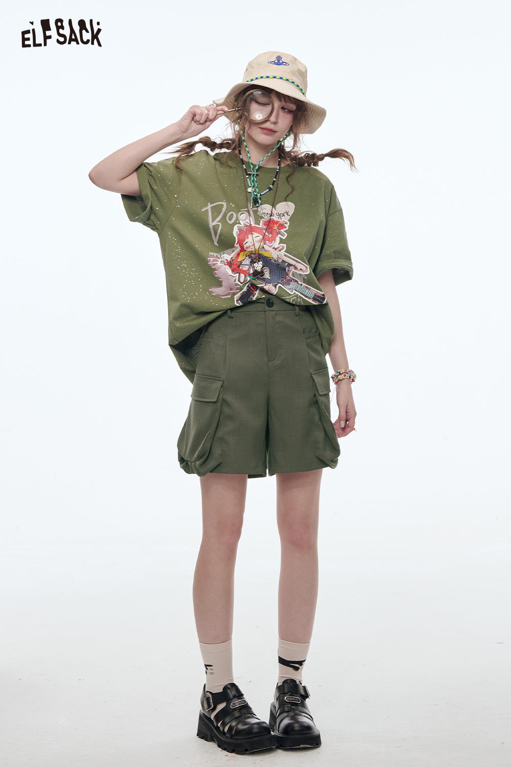 ELFSACK Vintage Cargo Shorts Women Loose Wide Leg Shorts Casual Streetwear