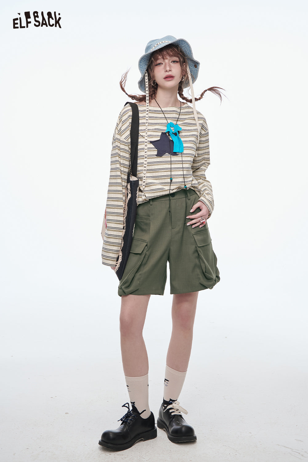 ELFSACK Vintage Cargo Shorts Women Loose Wide Leg Shorts Casual Streetwear