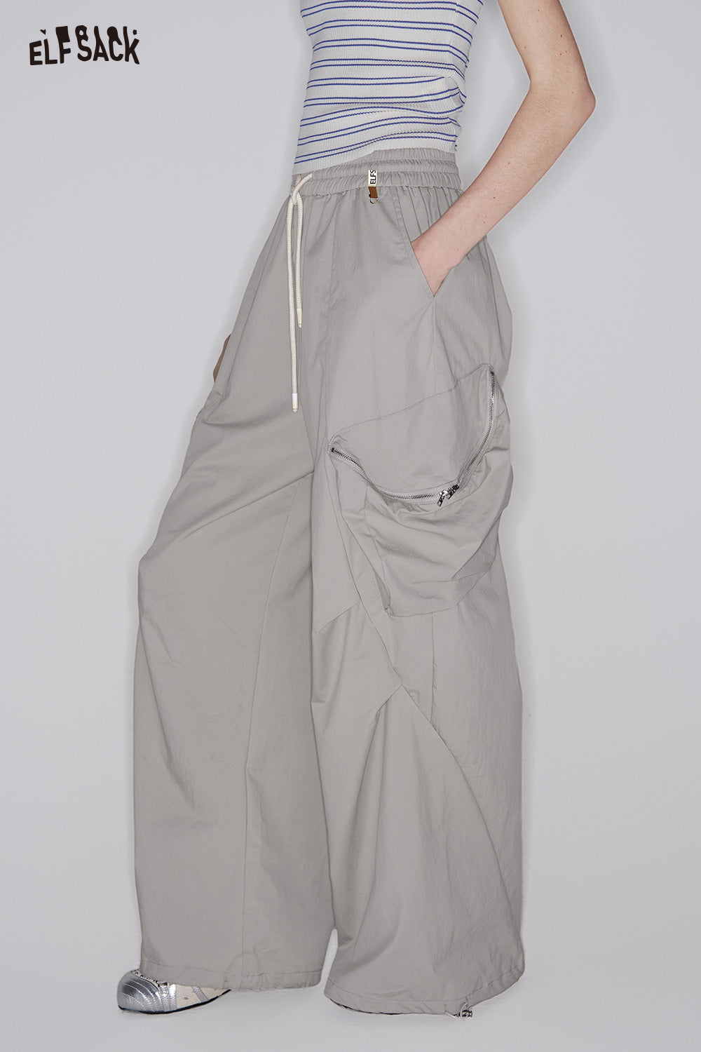 ELFSACK Solid Cargo Pants Wide Leg Pants Women Loose Casual Pockets Wide Pants