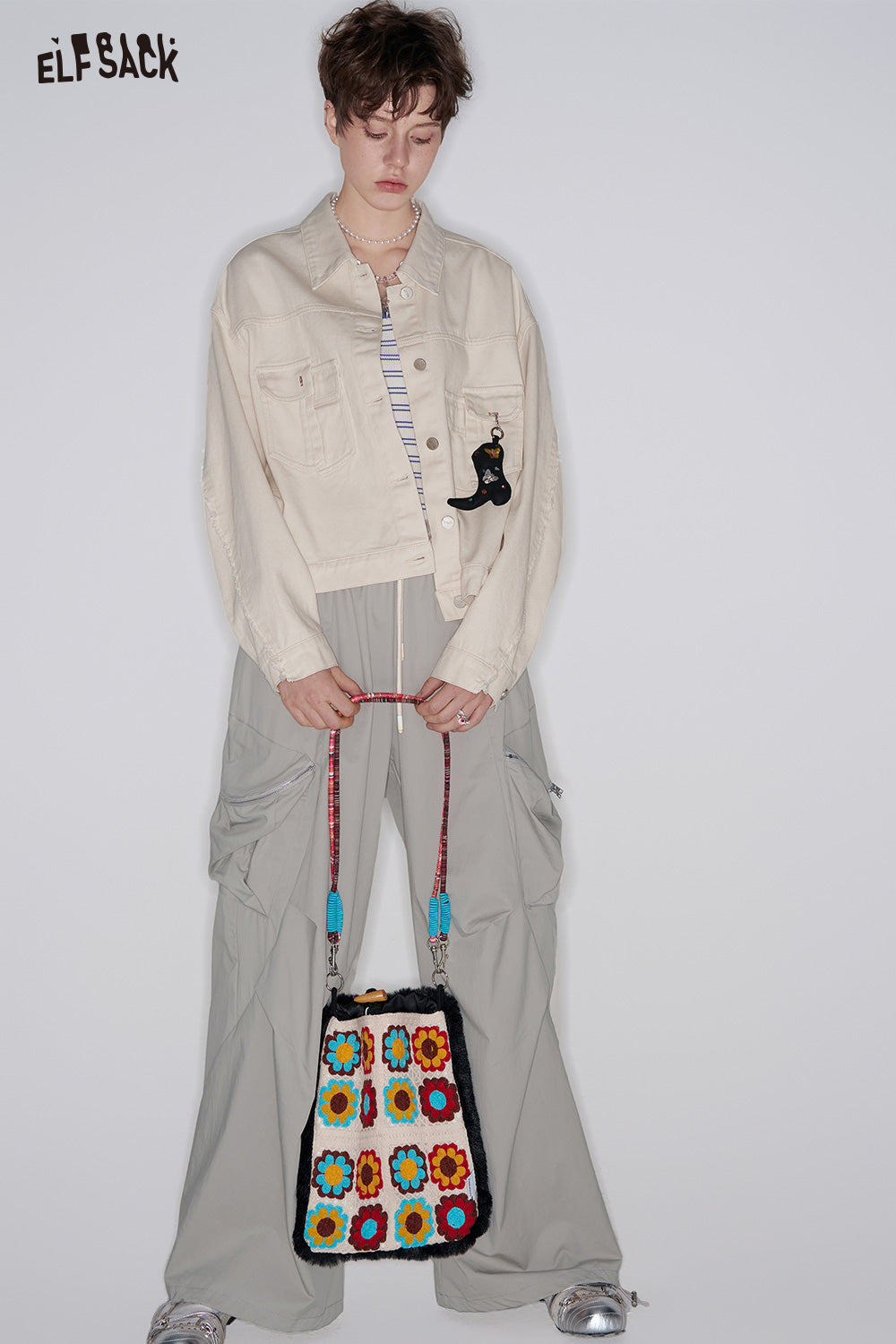 ELFSACK Solid Cargo Pants Wide Leg Pants Women Loose Casual Pockets Wide Pants