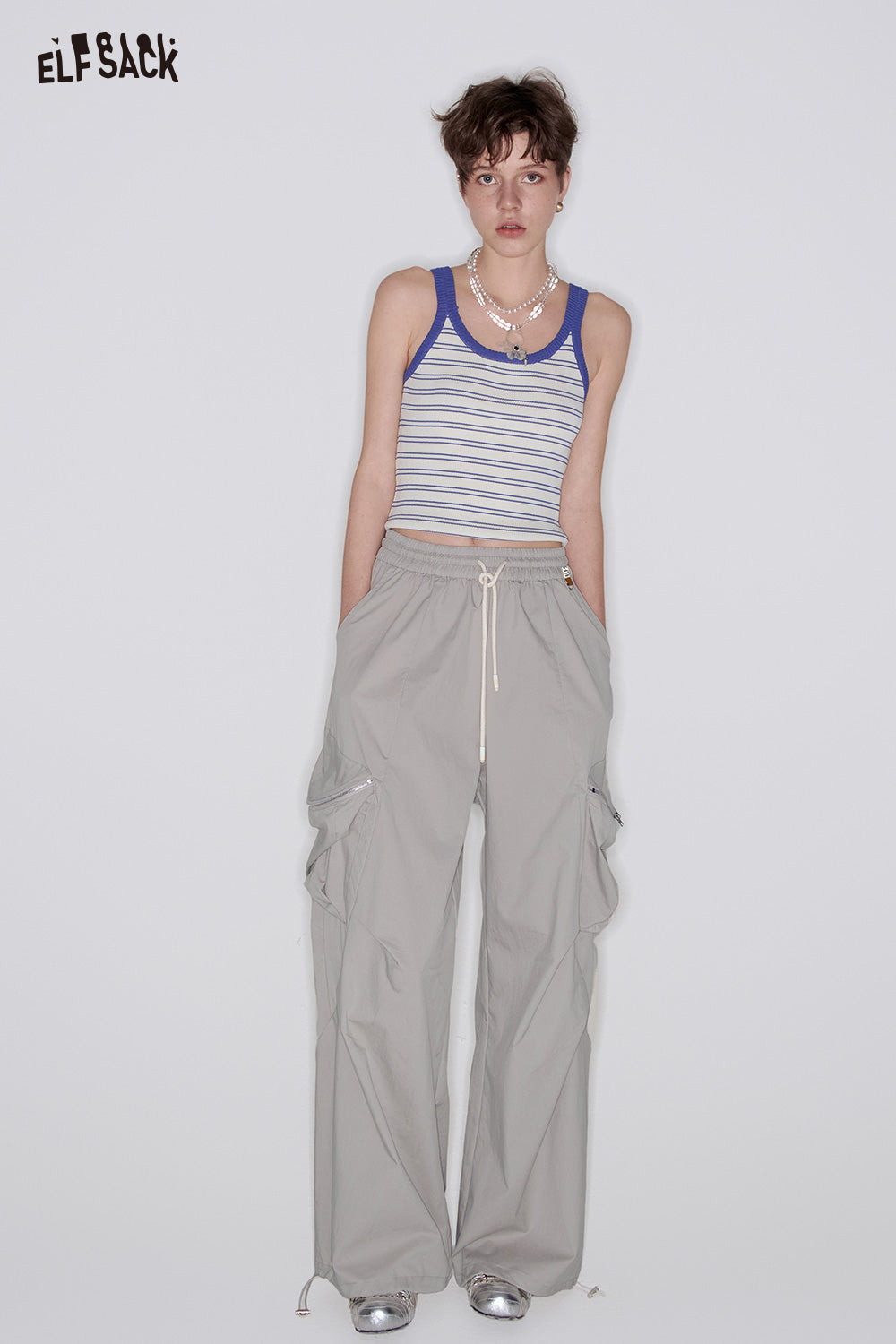 ELFSACK Solid Cargo Pants Wide Leg Pants Women Loose Casual Pockets Wide Pants