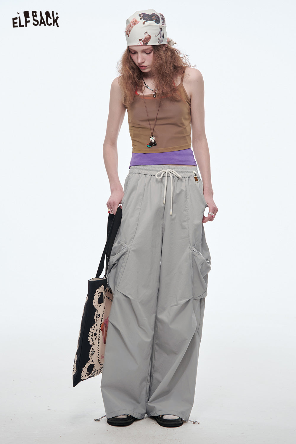 ELFSACK Solid Cargo Pants Wide Leg Pants Women Loose Casual Pockets Wide Pants