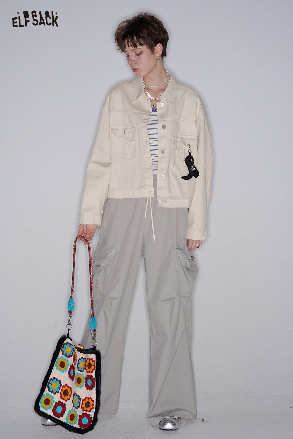 ELFSACK Solid Cargo Pants Wide Leg Pants Women Loose Casual Pockets Wide Pants