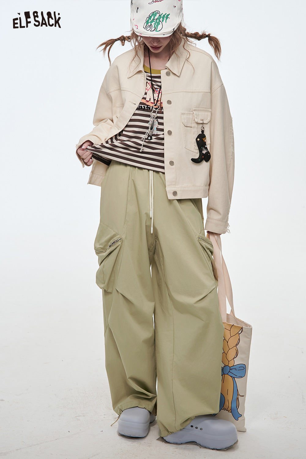 ELFSACK Solid Cargo Pants Wide Leg Pants Women Loose Casual Pockets Wide Pants