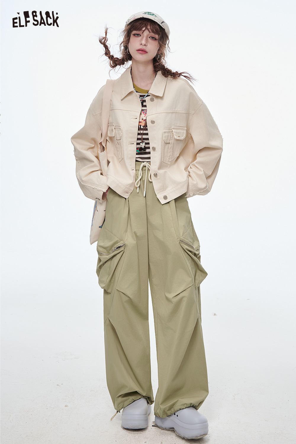 ELFSACK Solid Cargo Pants Wide Leg Pants Women Loose Casual Pockets Wide Pants