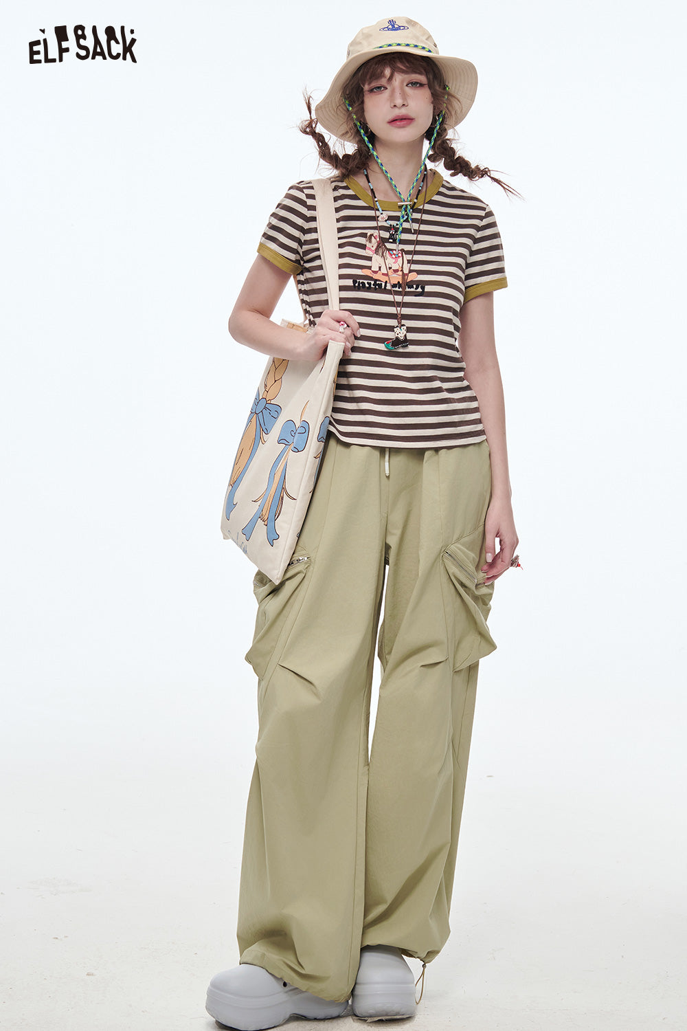ELFSACK Solid Cargo Pants Wide Leg Pants Women Loose Casual Pockets Wide Pants