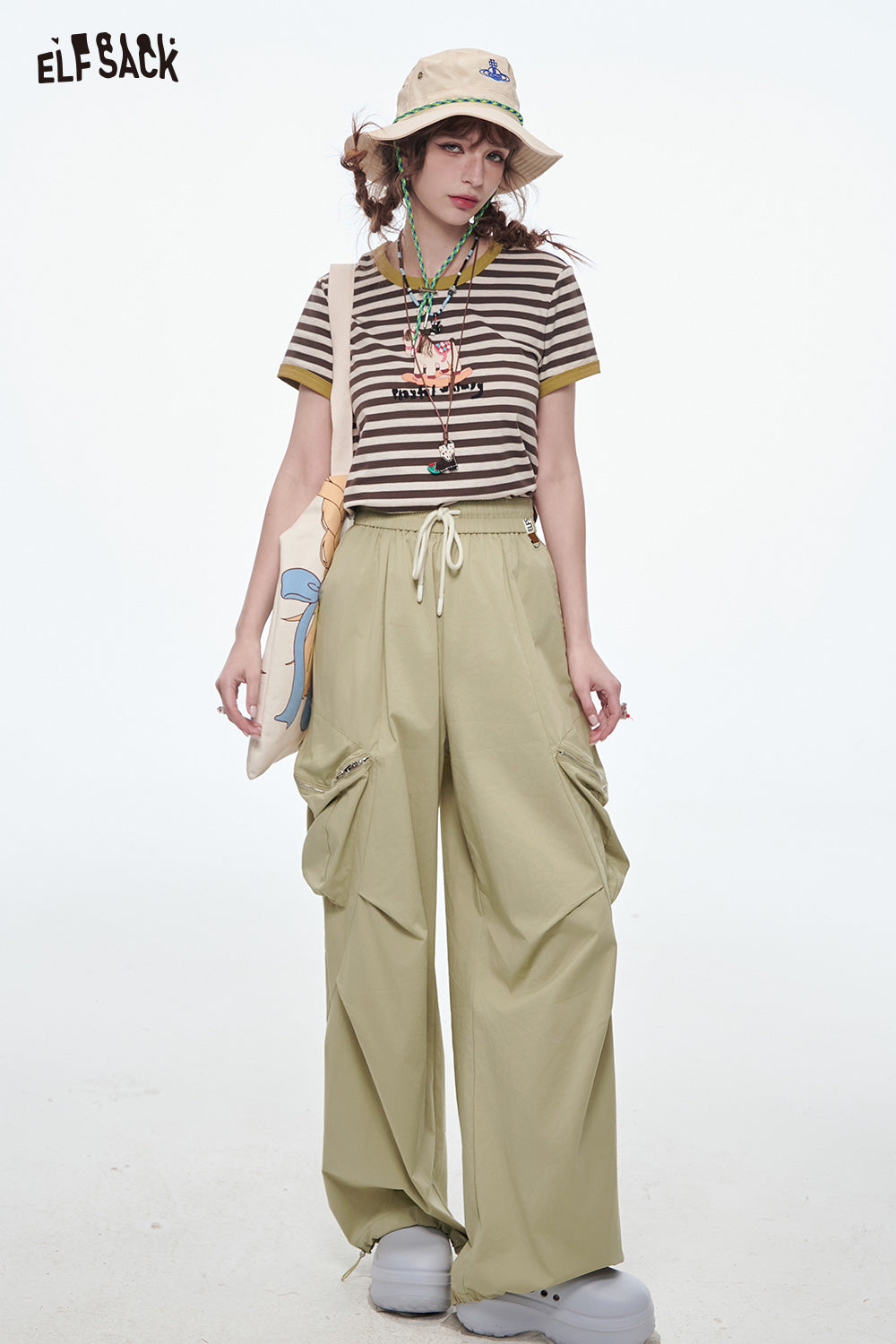 ELFSACK Solid Cargo Pants Wide Leg Pants Women Loose Casual Pockets Wide Pants