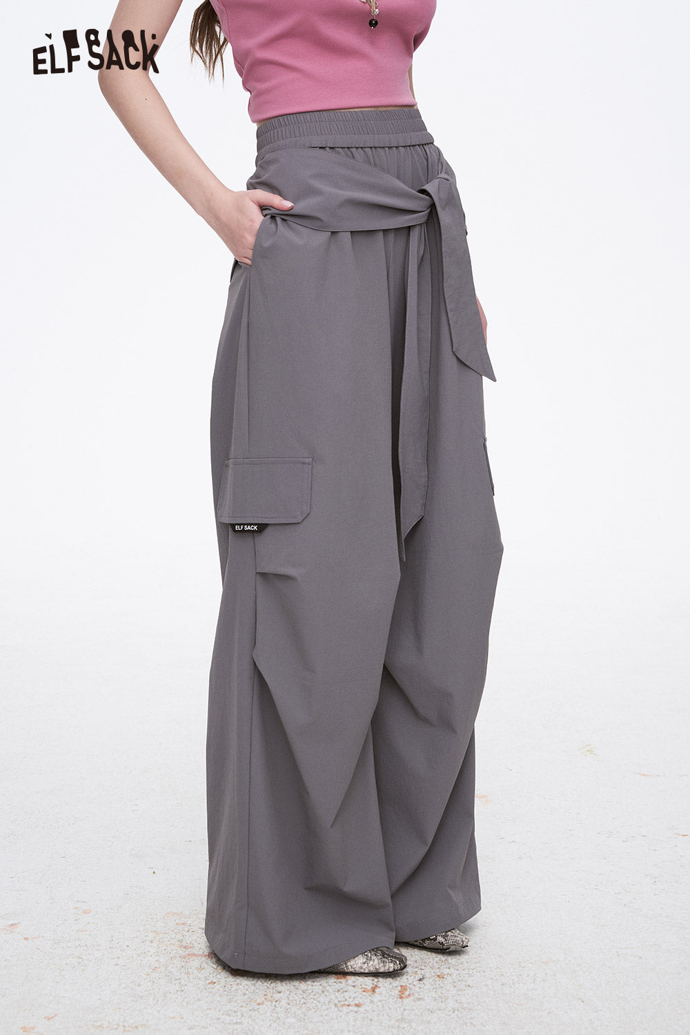 ELFSACK Grey Casual Lace-Up Cargo Pants Elastic Waist Wide Leg Pants Woman