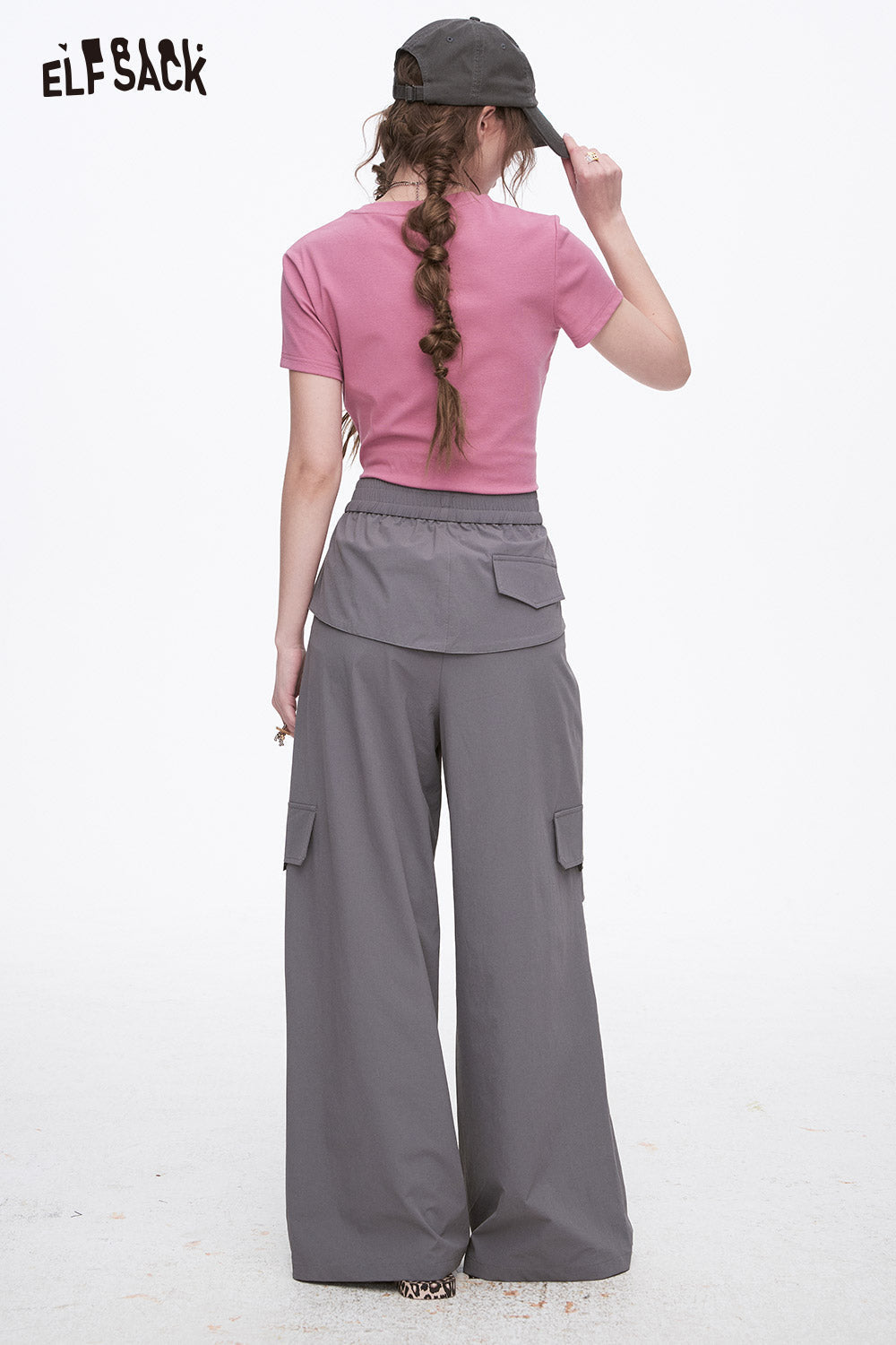ELFSACK Grey Casual Lace-Up Cargo Pants Elastic Waist Wide Leg Pants Woman