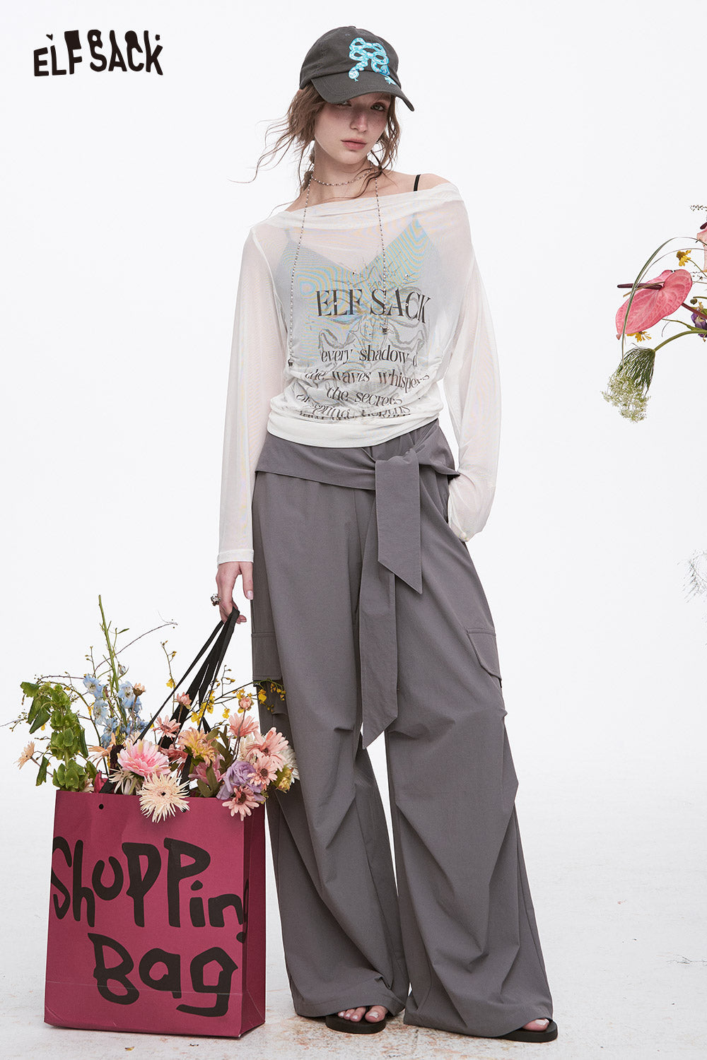 ELFSACK Grey Casual Lace-Up Cargo Pants Elastic Waist Wide Leg Pants Woman