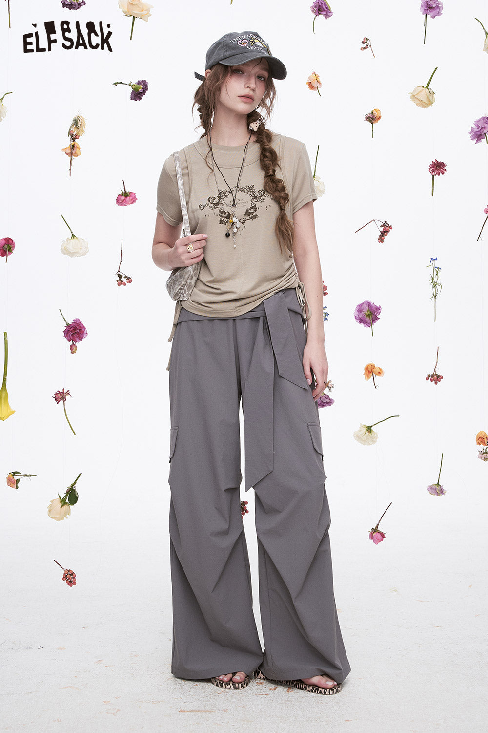 ELFSACK Grey Casual Lace-Up Cargo Pants Elastic Waist Wide Leg Pants Woman