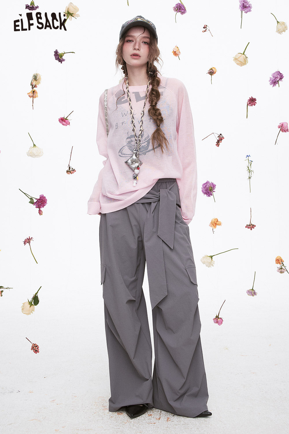 ELFSACK Grey Casual Lace-Up Cargo Pants Elastic Waist Wide Leg Pants Woman