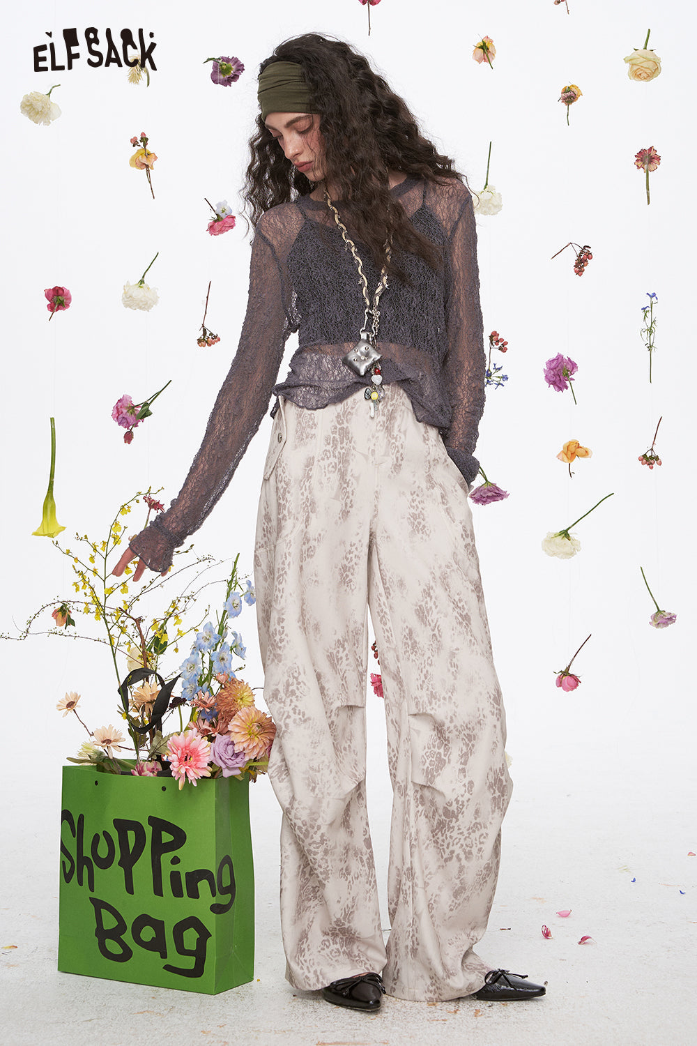 ELFSACK Y2K Leopard Pleated Wide Leg Pants Woman Vintage Casual Pants