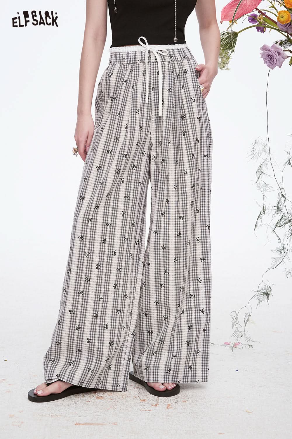 ELFSACK Sweet Casual Lace Plaid Wide Leg Pants Woman