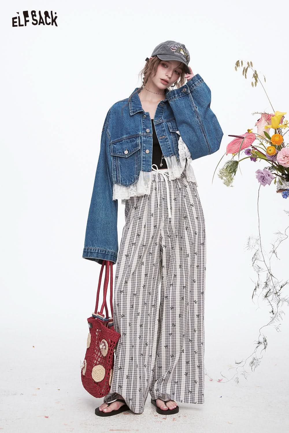 ELFSACK Sweet Casual Lace Plaid Wide Leg Pants Woman