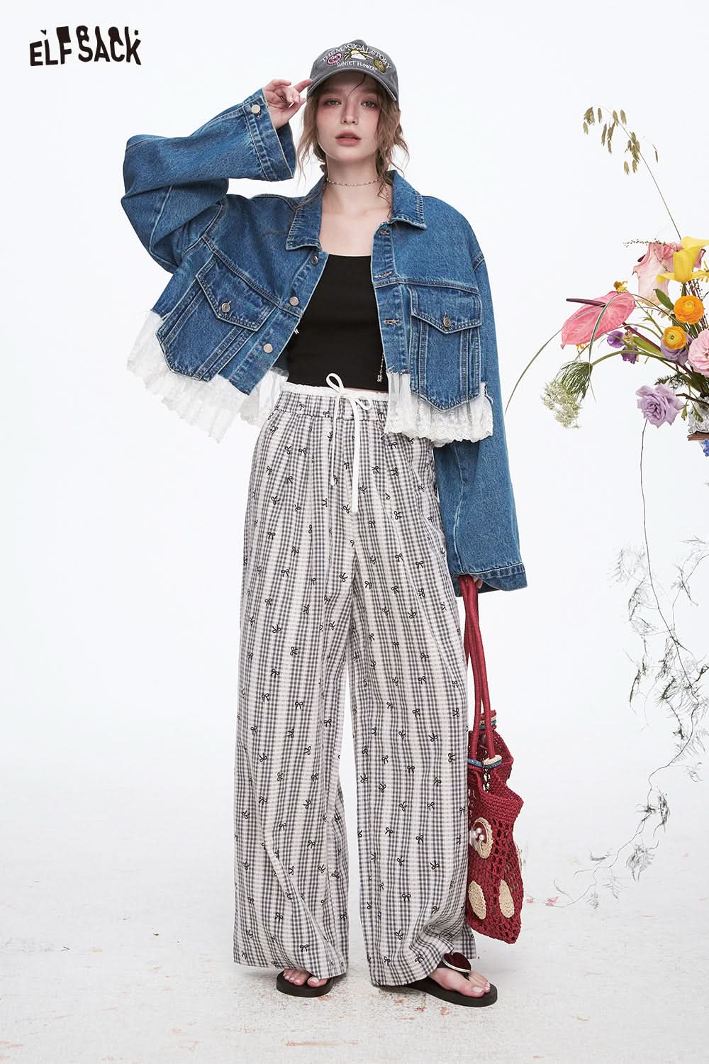 ELFSACK Sweet Casual Lace Plaid Wide Leg Pants Woman