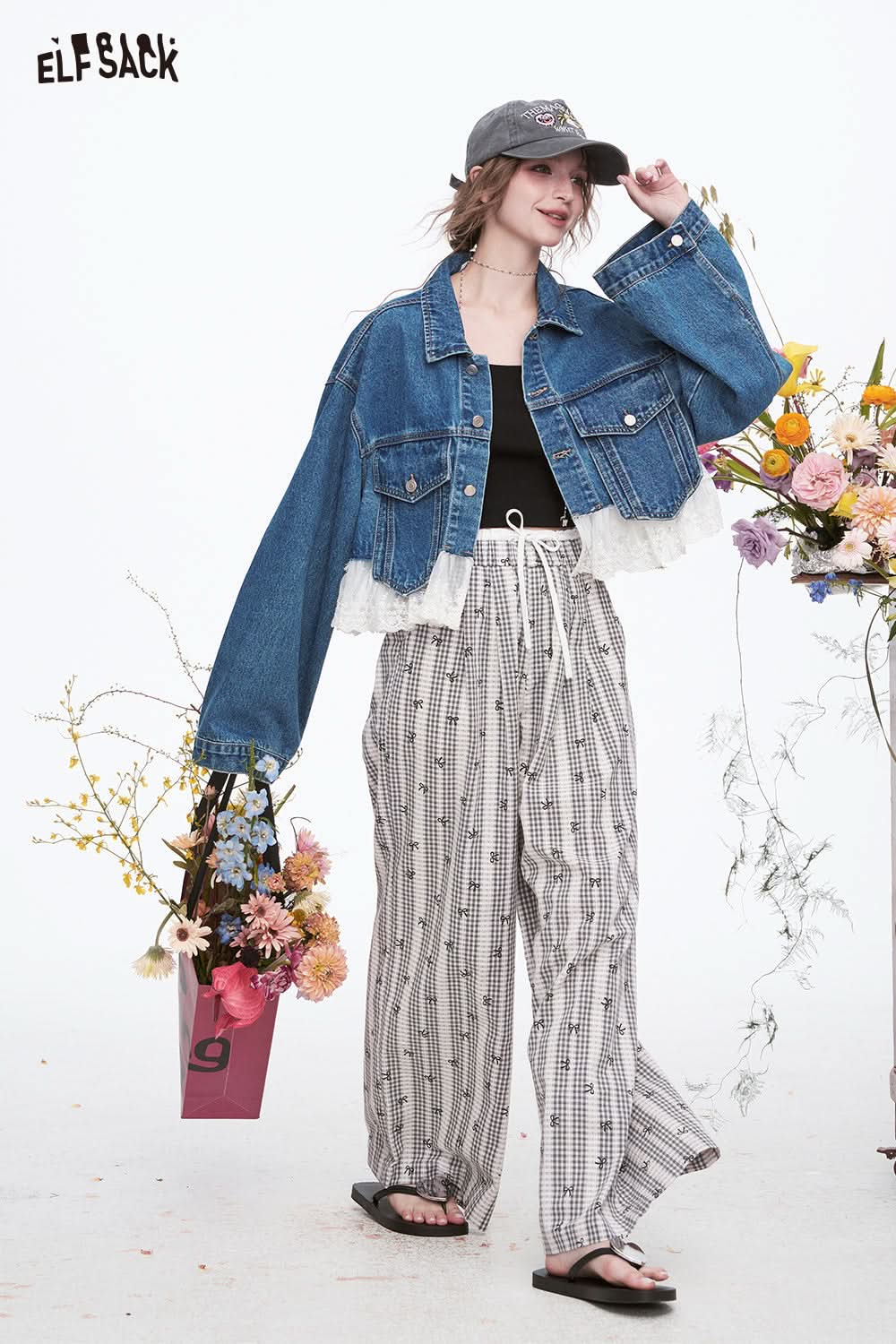 ELFSACK Sweet Casual Lace Plaid Wide Leg Pants Woman